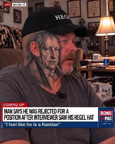 LIVE Be) COMING UP MAN SAYS HE WAS REJECTED FOR A POSITION AFTER INTERVIEWER SAW HIS HEGEL HAT DONG PAC feel like he is а Kantian”