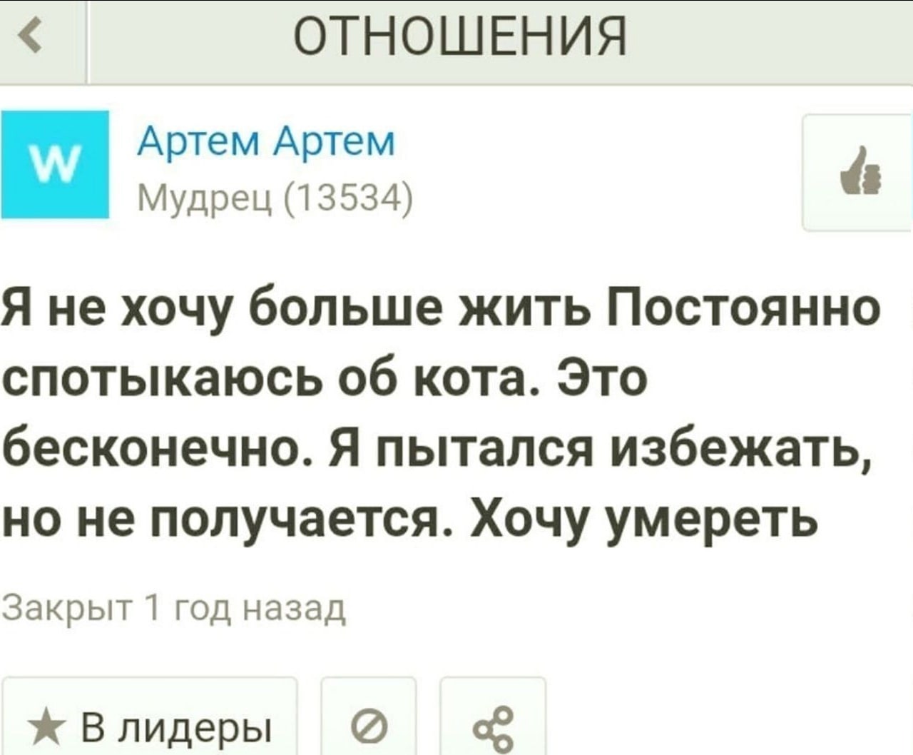 ОТНОШЕНИЯ Артем Артем Мудрец (13534) Я не хочу больше жить Постоянно спотыкаюсь об кота. Это бесконечно. Я пытался избежать, но не получается. Хочу умереть Закрыт 1 год назад Влидеры