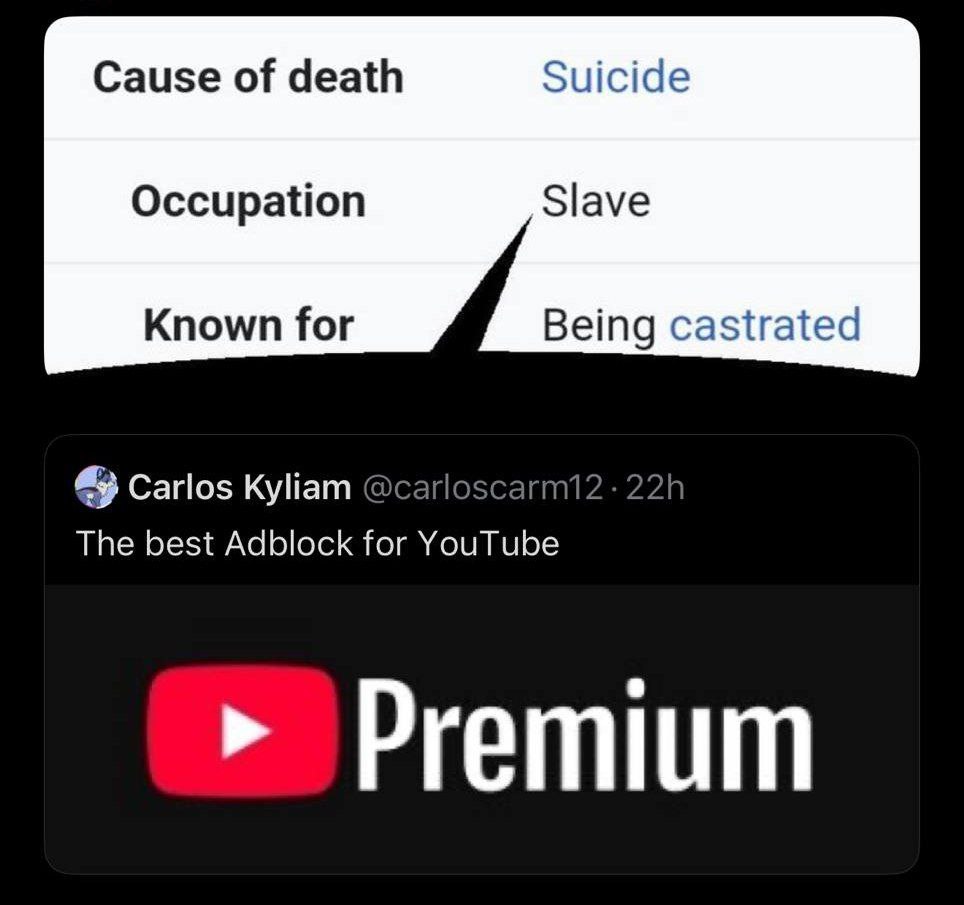 Cause of death Suicide Occupation Slave Known for Being castrated 49 Carlos Куйат 22 The best Adblock for YouTube remium