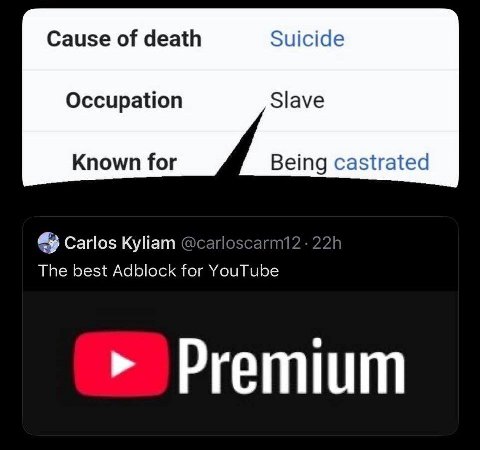 Cause of death Suicide Occupation Slave Known for Being castrated 49 Carlos Куйат 22 The best Adblock for YouTube remium