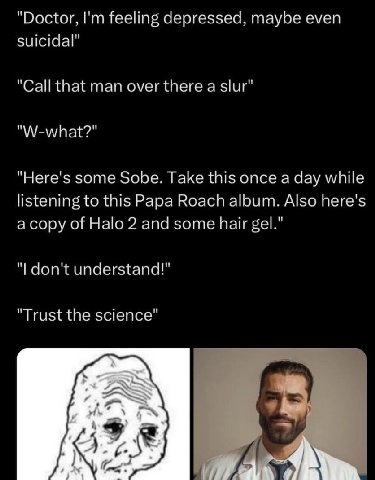 “Doctor. feeling depressed, even suicidal” Call that man over there а slur’ "Here's some Sobe. Take this once a day listening to this Papa Roach Also here's 1 а сору of Halo 2 and some hair gel. dont 