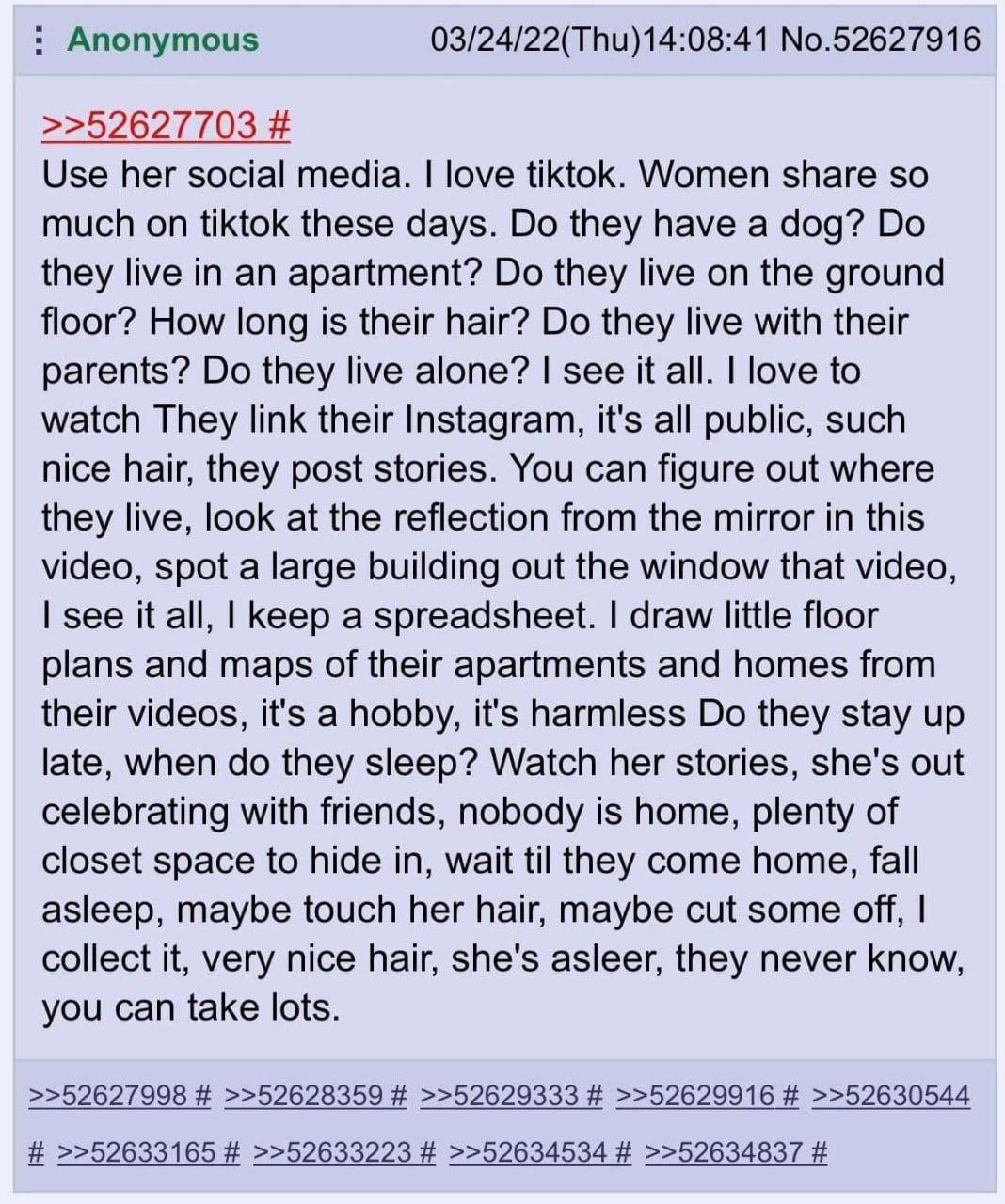 Anonymous No.52627916 >>52627703 Use her social media. love tiktok. Women share so much on tiktok these days. they have a dog? they live in an apartment? they live on the ground floor? How long is the