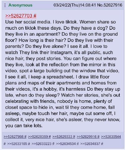Anonymous No.52627916 >>52627703 Use her social media. love tiktok. Women share so much on tiktok these days. they have a dog? they live in an apartment? they live on the ground floor? How long is the