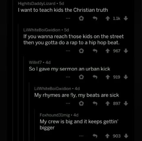 If you wanna reach those kids оп the street So | gave my sermon an urban kick My rhymes are fly, my beats are sick My crew is big and it keeps gettin’