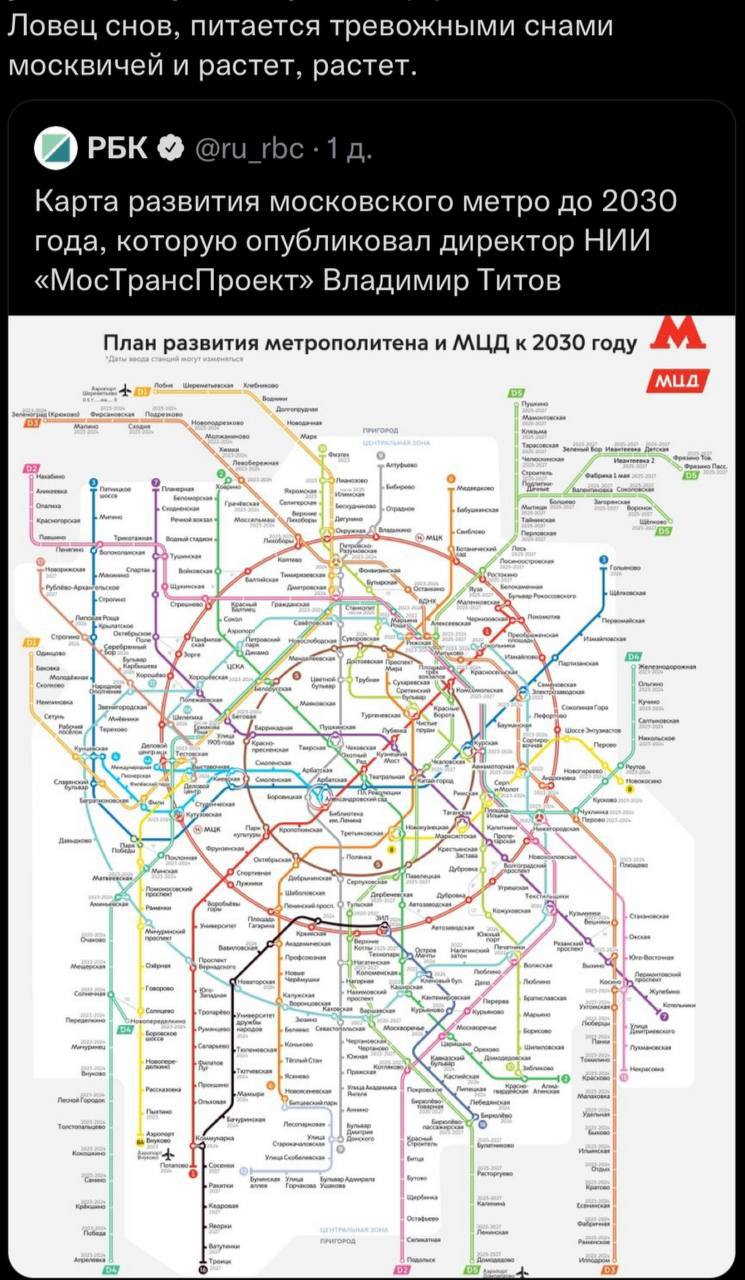 Ловец снов, питается тревожными снами москвичей и растет, растет. РБК с Карта развития московского метро до 2030 года, которую опубликовал директор НИИ «МосТрансПроект» Владимир Титов у План развития 