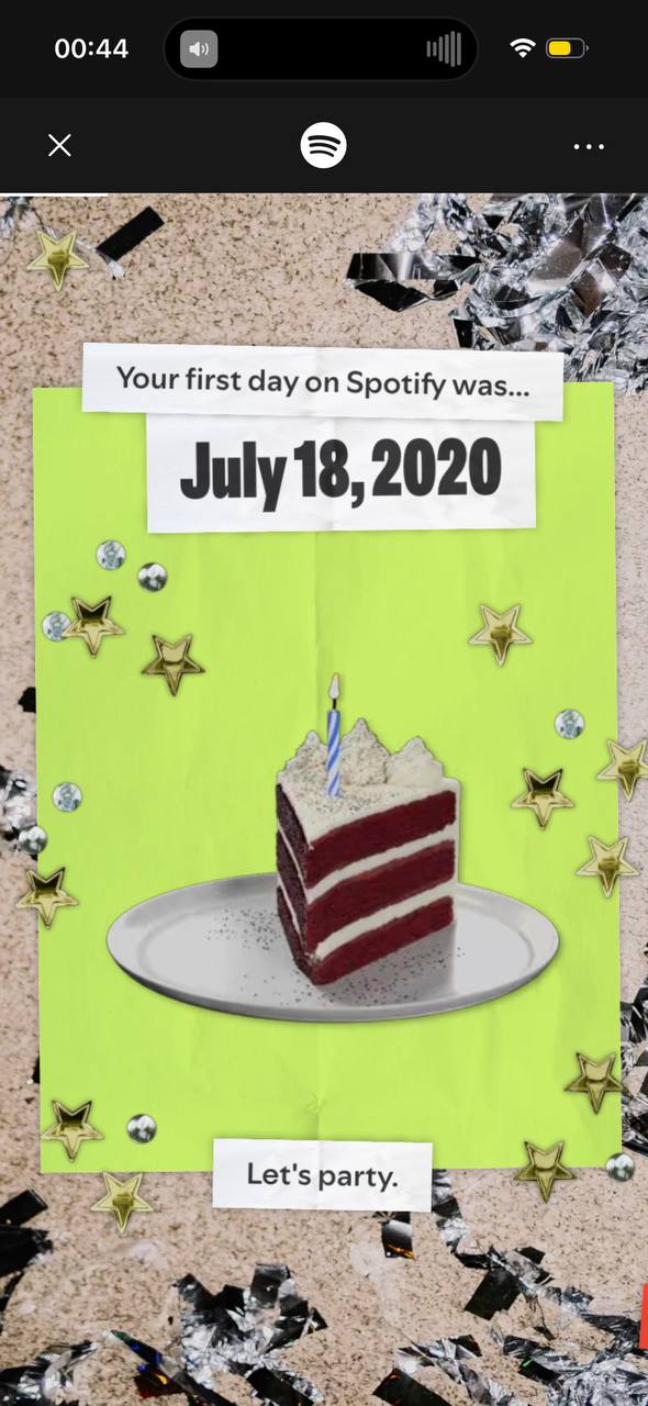 00:44 Your first day on Spotify was... fut July18,2020 у 4 У Let's party. Я