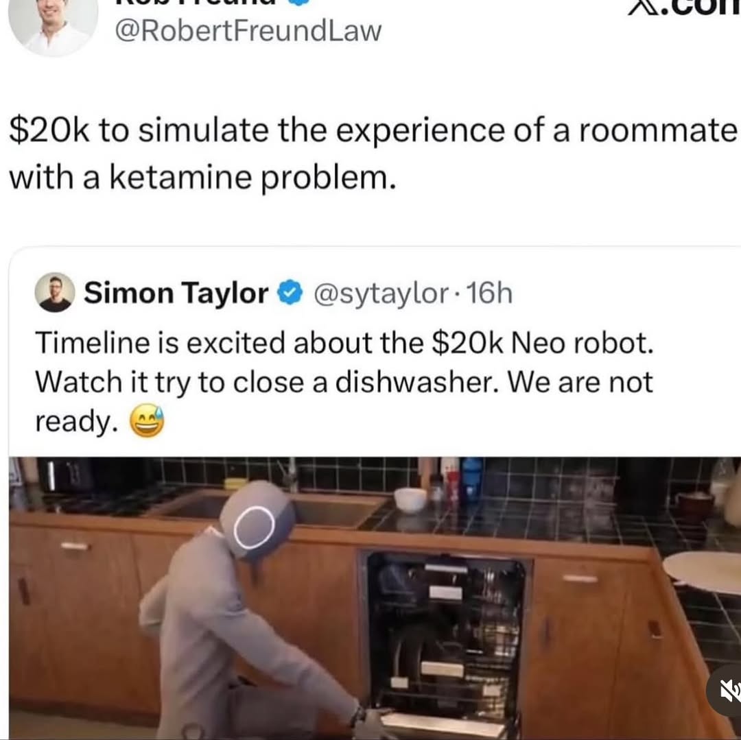 @RobertFreundLaw to simulate the experience of a roommate with a ketamine problem. Simon Taylor Timeline is excited about the Neo robot. Watch it try to close a dishwasher. We are not ready.
