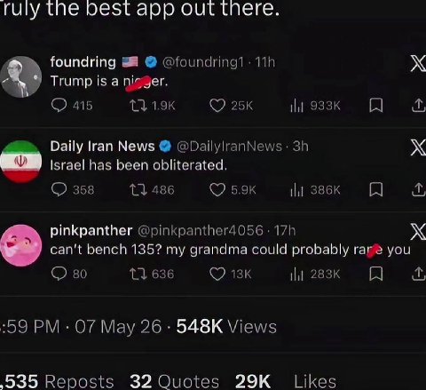 tne арр foundring Trump is а nioger. 415 13 Daily Iran News @DailylranNews Israel has been obliterated. 358 486 aly pinkpanther @pinkpanther4056 can't bench 135? my grandma could probably rare you 80 