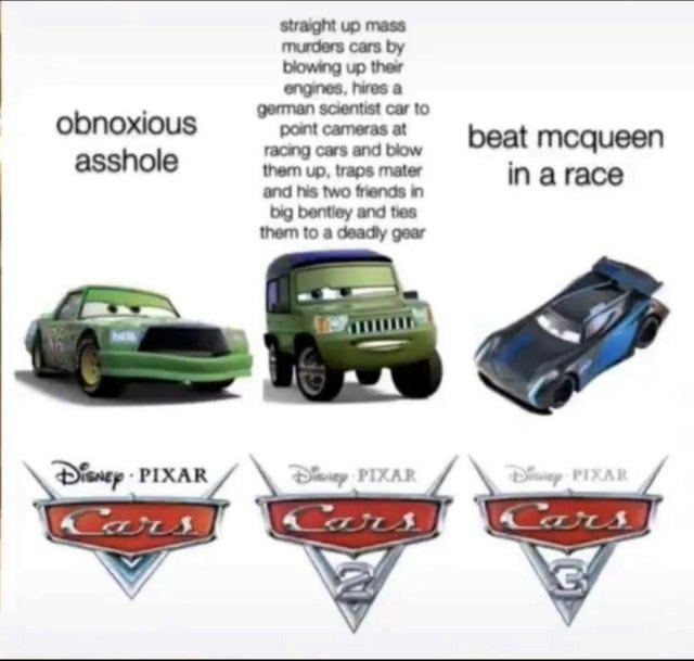 straight up mass murders cars blowing up their engines, hires a obnoxious german scientist car to racing cars and blow point cameras at beat mcqueen asshole them up, traps mater and his two friends in