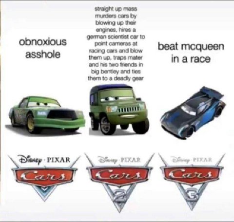 straight up mass murders cars blowing up their engines, hires a obnoxious german scientist car to racing cars and blow point cameras at beat mcqueen asshole them up, traps mater and his two friends in