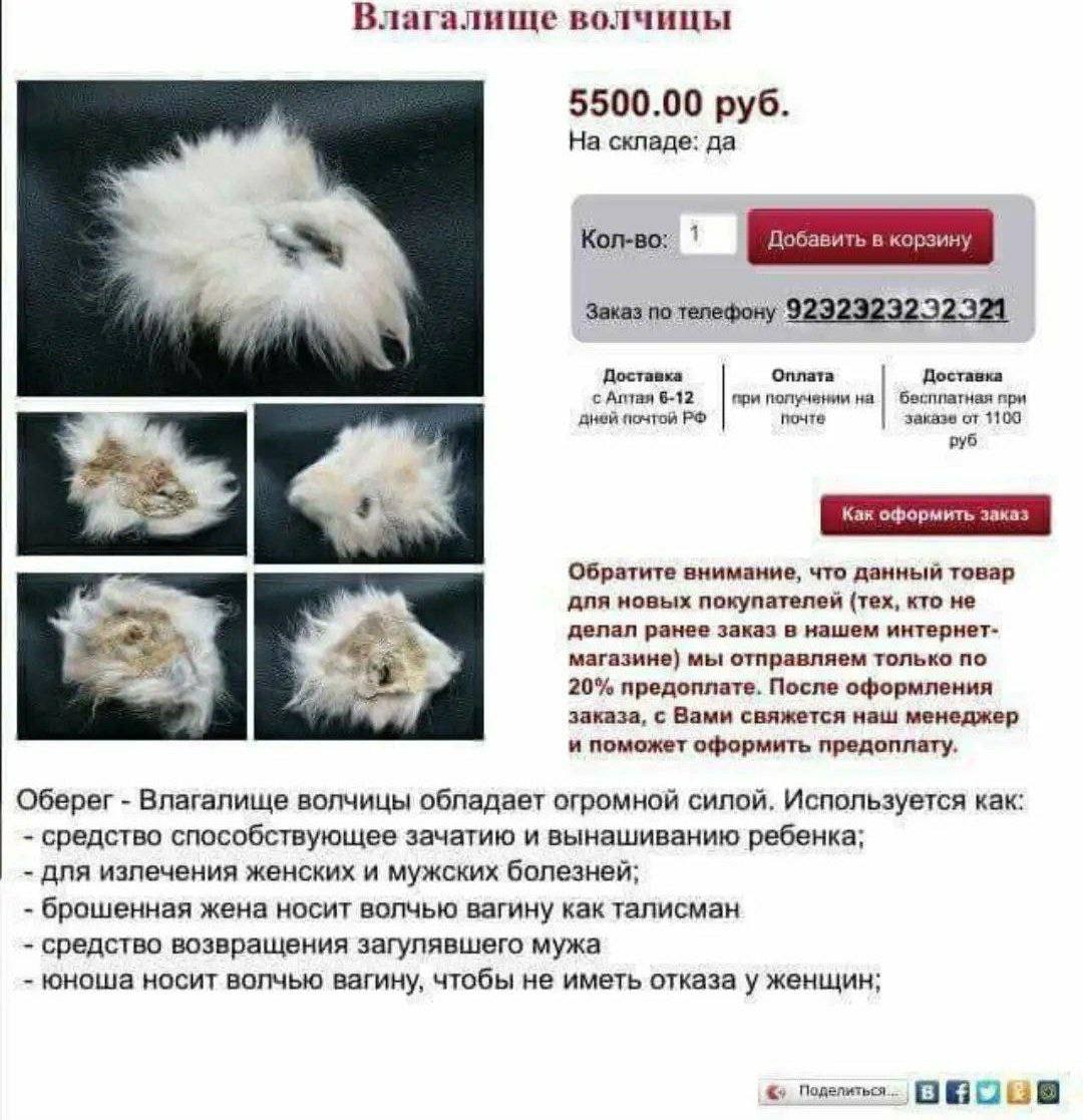 Влагалище волчицы 5500.00 руб. На складе: да Заказ по телефону Доставка Оплата Доставка с Аптая 6-12 получении на при дней почтой почте. заказе от 1100 руб Обратите внимание, что данный товар дпя новы