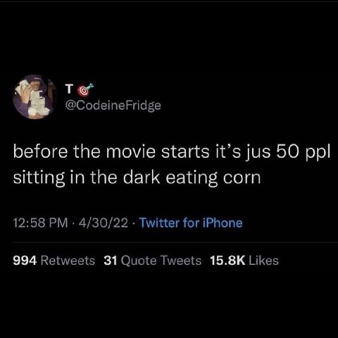 @CodeineFridge before the movie starts it’s jus 50 ppl sitting in the dark eating corn 12:58 4/30/22 Twitter for iPhone 994 Retweets 31 Quote Tweets Likes