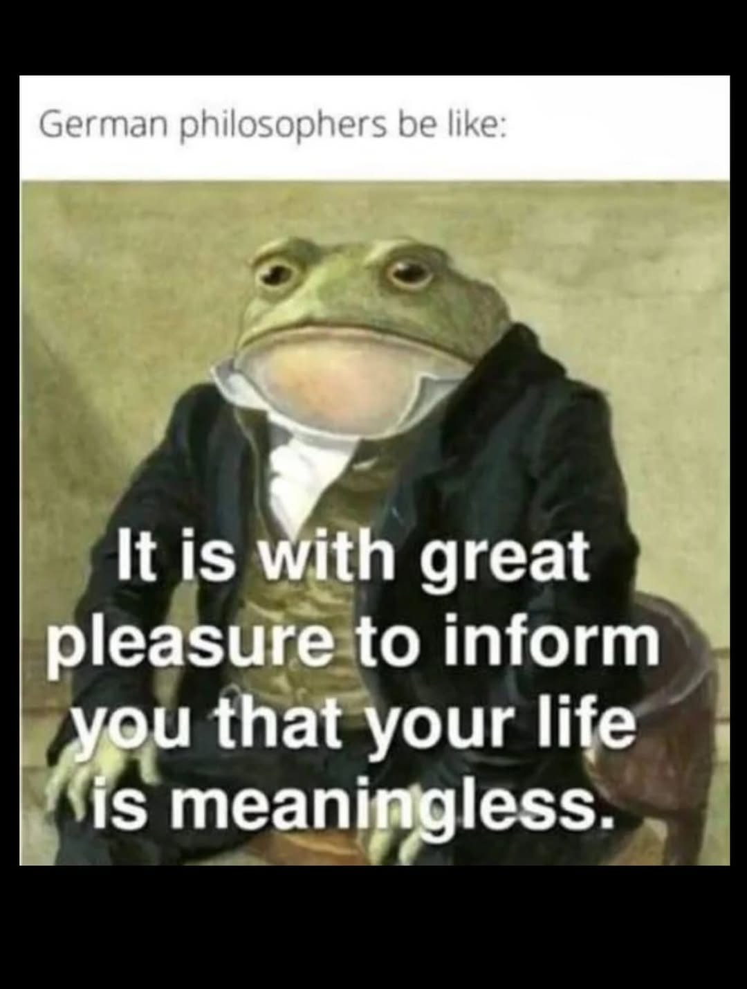 German philosophers be like: я It is with great pleasure to inform you that your life 1$ meaningless.