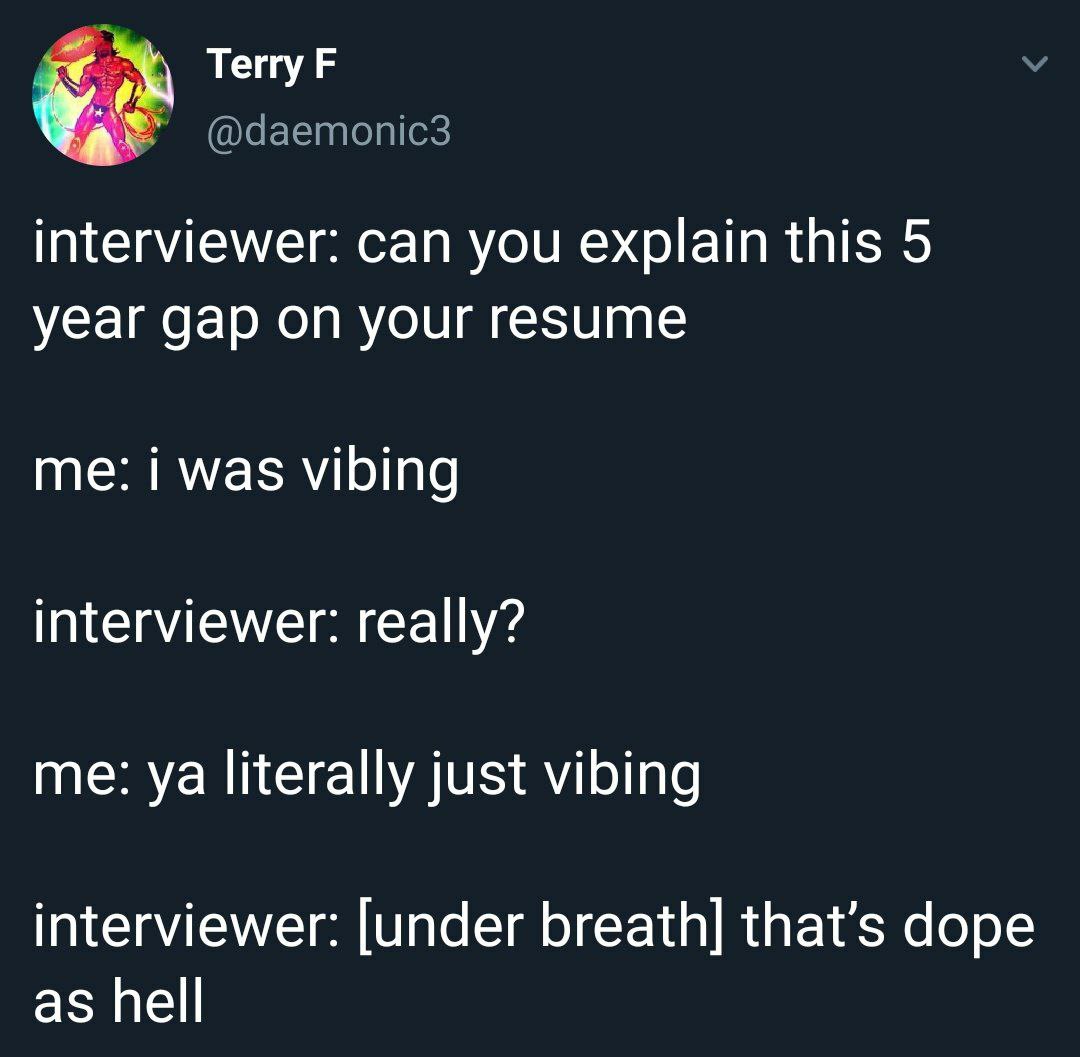 Terry 4 interviewer: can you explain this 5 year gap on your resume me: i was vibing interviewer: really? me: literally just vibing interviewer: [under breath] that’s dope as hell