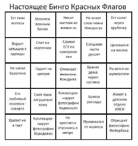 Настоящее Бинго Красных Флагов Ест твои Молится Носит Не знает Ест салат волосы ложным КОСТЮМ ИЗ слов гимна через богам ЖИВЫХ Никарагуа трубочку Спит на Сдавал Ворует Слишком Целовался катышки с корто