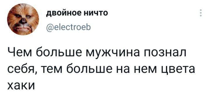 двойное ничто @electroeb Чем больше мужчина познал себя, тем больше на нем цвета хаки