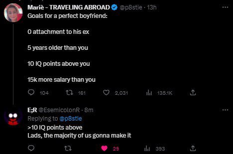 Marie TRAVELING ABROAD Goals for a perfect боутело: О attachment to nis 5 years older than you 10 points above you 15К more salary than vou 519 points ahove Lads, the majority of gonna make it