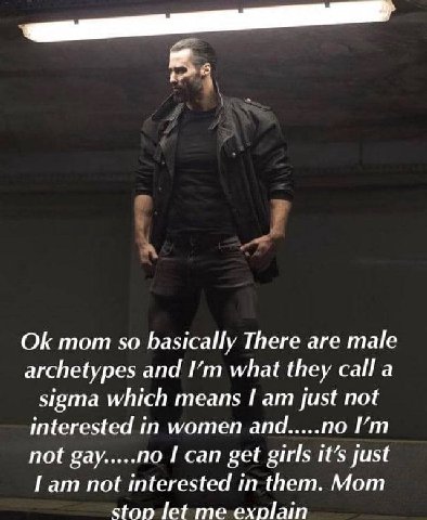 mom so basically There are male archetypes and what they calla sigma which means Гат just not interested in women and no not gay.....no get girls just Гат not interested them. Mom stop let me explain