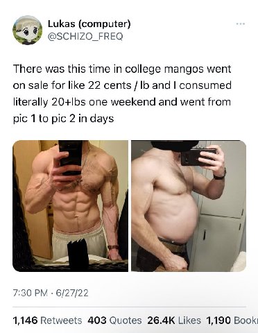 Lukas (computer) There was this time in college mangos went on sale for like 22 cents |6 and consumed literally 20+lbs one weekend and went from pic 1 to pic 2 in days a ‘aia и 4 7:30 6/27/22 1,146 Re