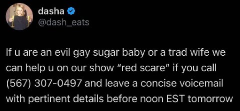 dasha If аге an evil gay sugar baby or a trad wife we can help on our show “red scare" If you call (567) 307-0497 and leave a concise voicemail with pertinent details before noon EST tomorrow