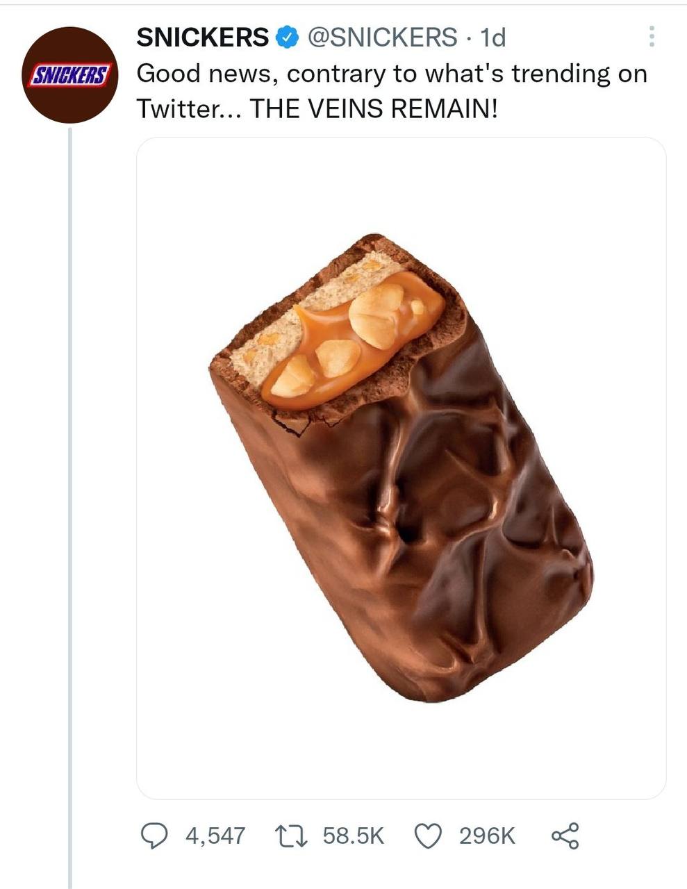 SNICKERS @SNICKERS Good news, contrary to what's trending on Twitter... THE VEINS REMAIN! 4,547