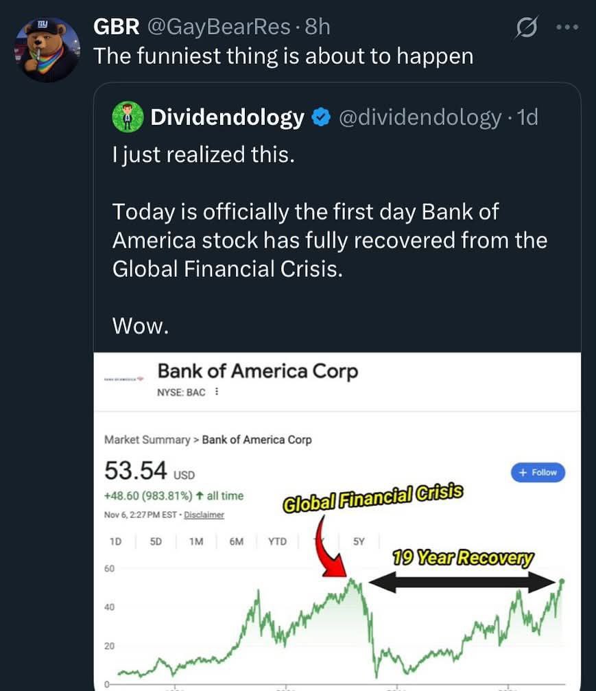 GBR @GayBearRes: The funniest thing is about to happen Dividendology @dividendology just realized this. Today is officially the first day Bank of America stock has fully recovered from the Global Fina