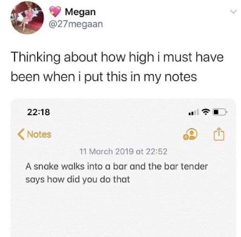 Megan @27megaan Thinking about how high i must have been when i put this in my notes 22:18 ale Notes 11 March 2019 at 22:52 A snake walks into a bar and the bar tender says how did you that