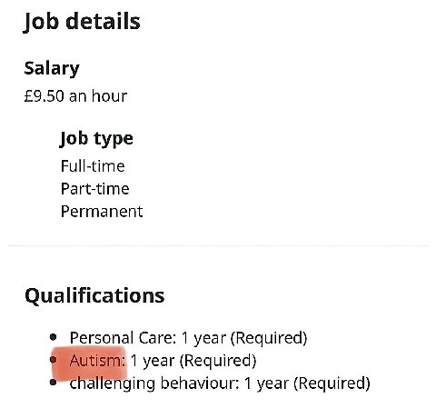Job details Salary £9.50 an hour Job type Full-time Part-time Permanent Qualifications Personal Care: 1 year (Required) Autism: 1 year (Required) challenging behaviour: 1 year (Required)