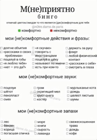 М(не)приятно бинго отмечай цветом/эмодзи то что является (дис)комфортным для тебя nOtre pari комфортно в неко мои (не)комфортные действия и фразы: долгие объятия «я скучаю» держать за руку «расскажи о