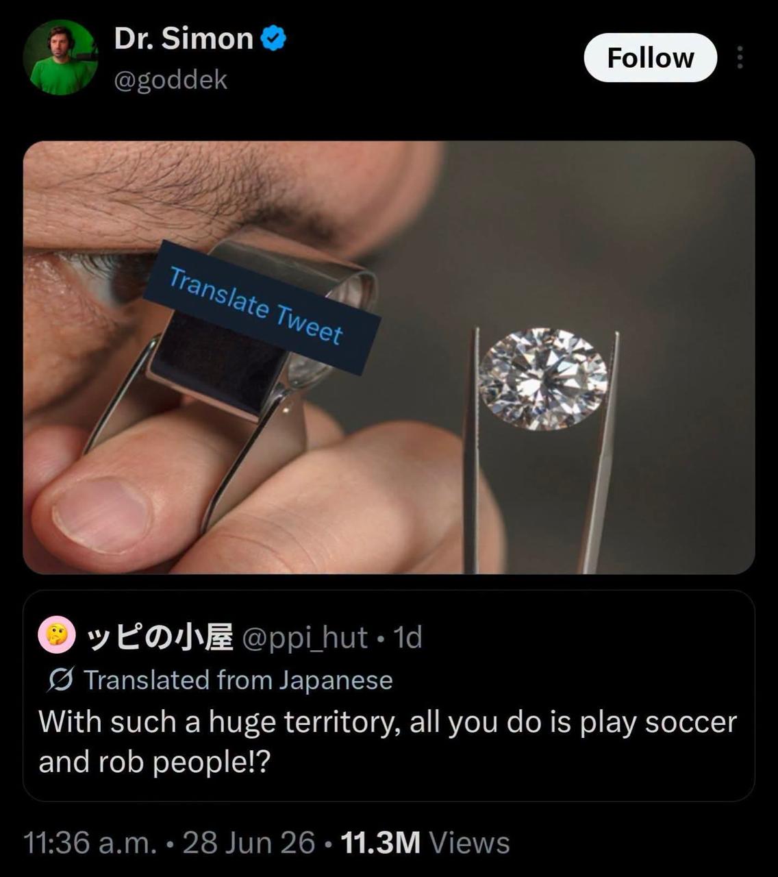 Simon @goddek Trang 7, LONE @ppi Translated from Japanese With such a huge territory, all you is play soccer and rob people!? 11:36 28 Jun 26 Views