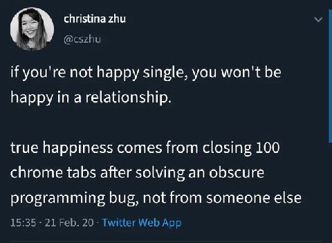 christina zhu if you're not happy single, you won't be happy in a relationship. true happiness comes from closing 100 chrome tabs after solving an obscure programming bug, not from someone else