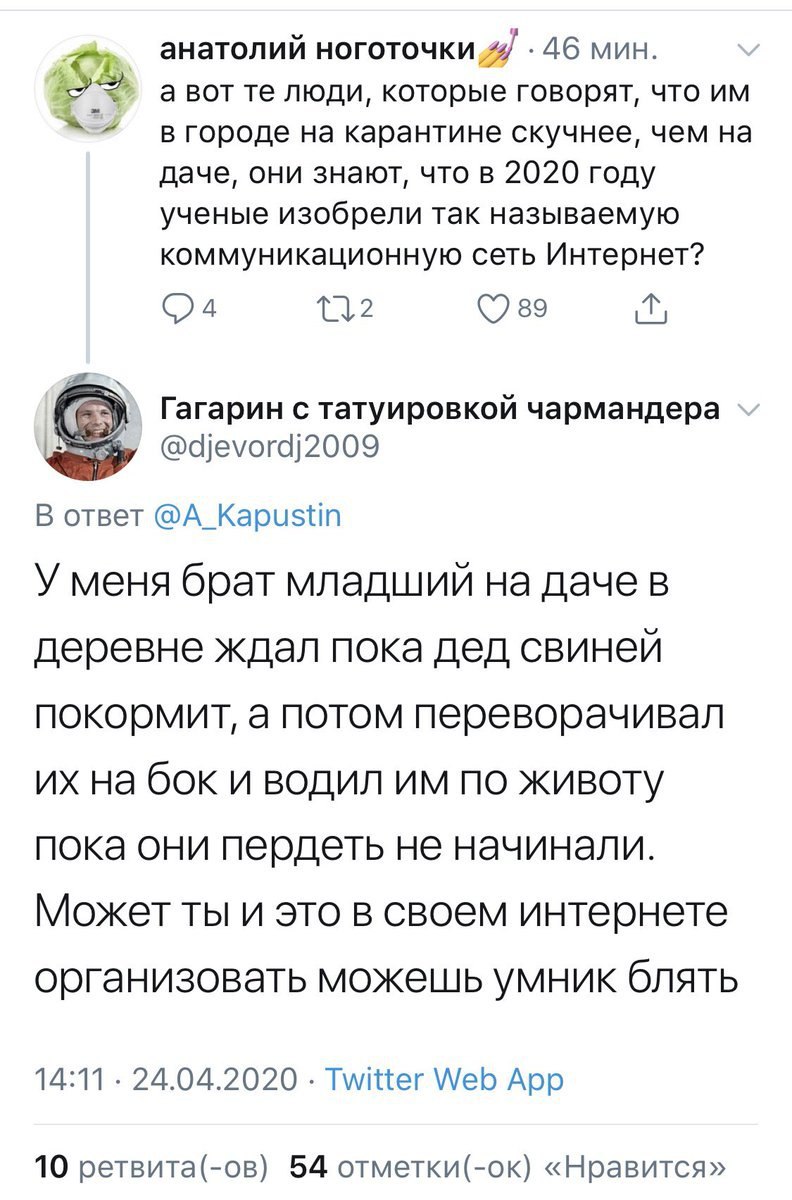 анатолий ноготочки 46 мин. а вот люди, которые говорят, что в городе на карантине скучнее, чем на даче, они знают, что в 2020 году ученые изобрели так коммуникационную сеть Интернет? (7 89 Гагарин с т