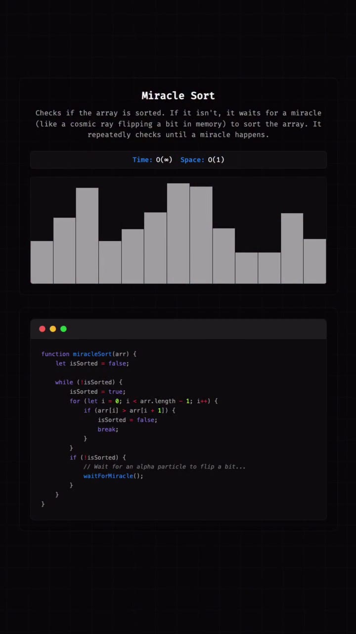 (like a cosmic ray flipping a bit in memory) to sort the array. It repeatedly checks until a miracle happens. function miracleSort(arr) { let isSorted = false; while (lisSorted) { isSorted = trues //
