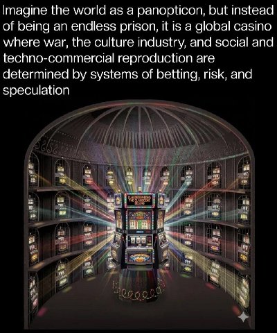 Imagine the world as а panopticon, but instead of being an endless prison, it is a global casino where war, the culture industry, and social and techno-commercial reproduction are determined systems o