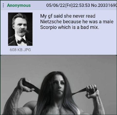 Anonymous 05/06/22(Fri)22:53:53 said she never read Nietzsche because he was a male Scorpio which is а bad mix. 608 JPG К