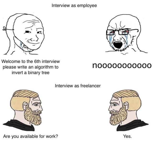 Interview as employee -2 Welcome to the interview please write an algorithm to invert a binary tree Interview as freelancer Are you available for work? Yes.