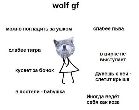 wolf можно погладить за ушком слабее льва слабее тигра в цирке не выступает кусает за бочок Дунешь с ней слетит крыша в постели бабушка Иногда ведёт себя как коза