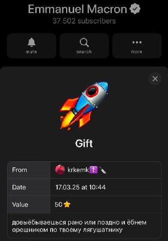 Emmanuel Масгоп 37 502 subscribers а eee mute search more Gift From krkemk Date 17.03.25 at 10:44 Value 50% довыёбываешься рано или поздно и ёбнем орешником по твоему лягушатнику