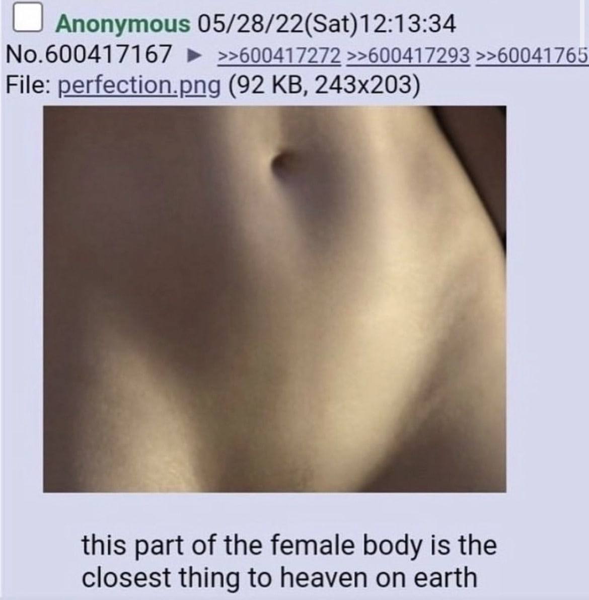 Anonymous 05/28/22(Sat)12:13:34 No.600417167 >>600417272 >>600417293 >>60041765 File: perfection.png this part of the female body is the closest thing to heaven on earth
