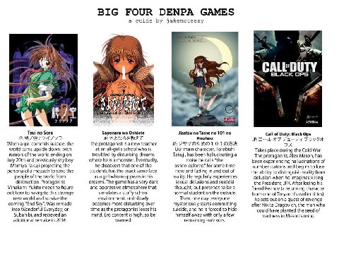 BIG FOUR DENPA GAMES a guide jakemcteezy INA OF С 22 BLACK OPS 7 717 Tsui no Sora Sayonara Oshiete Jisatsu no Tame no 101 no Call of Duty: Black Ops Houhou When a girl commits suicide, the The protago