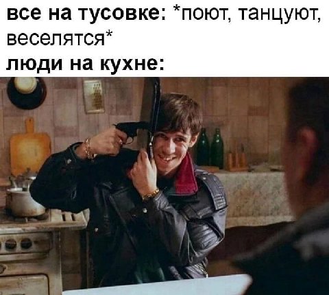 все на тусовке: *поют, танцуют, веселятся* люди на кухне.