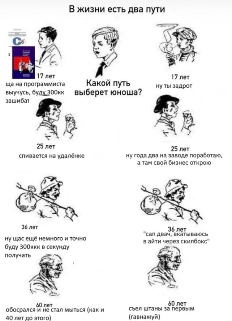 В жизни есть два пути С: и! 17 net 17 лет на программиста Какой путь нуты задрот выучусь, выберет юноша? зашибат A В В 25 net 25 net спивается удалёнке ну года два на заводе поработаю, атам свой бизне
