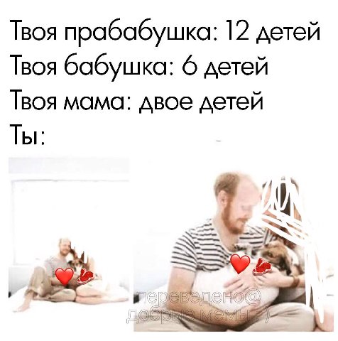 Твоя прабабушка: 12 детей Твоя бабушка: 6 детей Твоя мама: двое детей Ты: