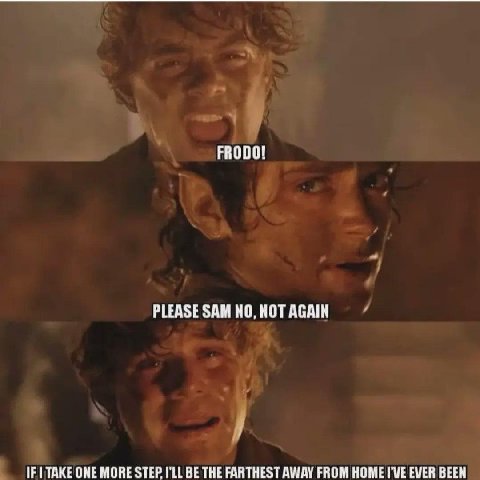 FRODO! PLEASE SAM НО. NOT AGAIN Я IF TAKE ONE MORE STEP I'LL BE THE FARTHEST AWAY FROM HOME I'VE EVER BEEN