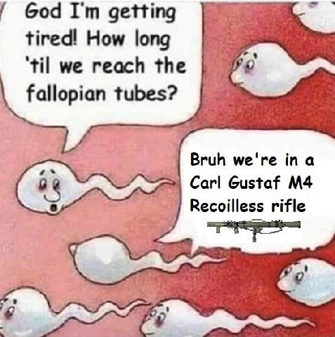 бод getting tired! How long til we reach the 7? fallopian tubes? Bruh we're ina Carl Gustaf Recoilless rifle