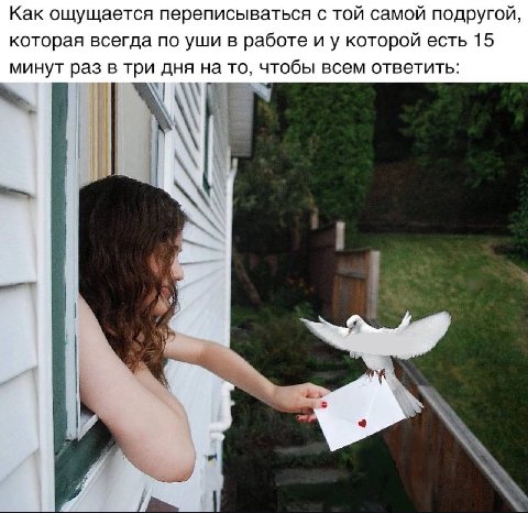 Как ощущается переписываться с той самой подругой, которая всегда по уши в работе которой есть 15 минут раз в три дня на то, чтобы всем ответить: i 4