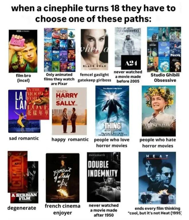 when a cinephile turns 18 they have to choose one of these paths: reve 2 wry never watched film bro Only animated femcel gaslight amovie made Studio Ghibili (incel) films gatekeep girlboss before 2005