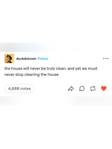 duckdotcom Follow the house will never be truly clean. and yet we must never stop cleaning the house 4,688 notes О