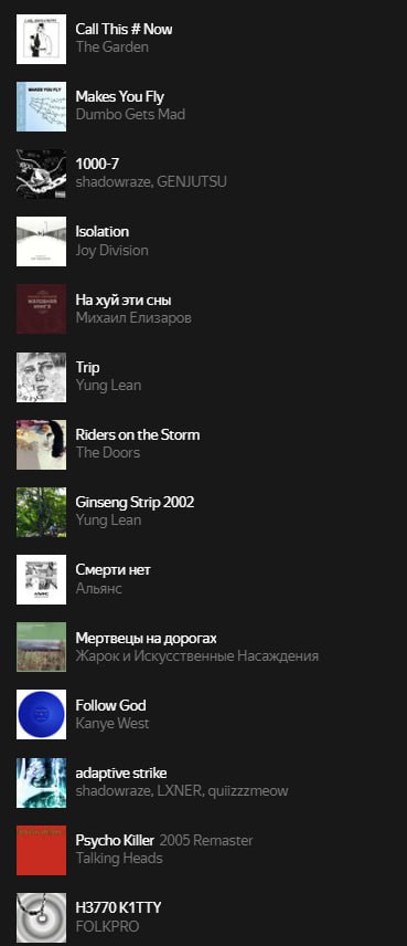 https://music.yandex.ru/users/yamusic-my2023/playlists/693354

к слову у яндексоблядей типа меня вышел анврапед 

пиздец, ну это и правда лучшая в мире музыка