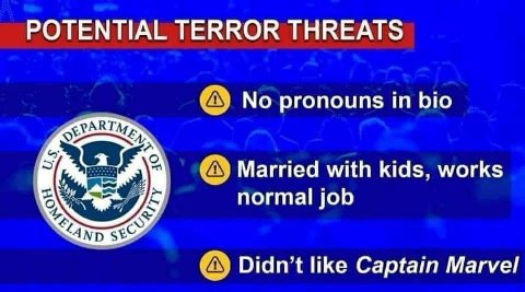 POTENTIAL TERROR THREATS No pronouns in bio Married with kids, works normal job like Captain Marvel